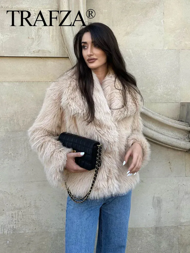 New  2024 Women Fashion Cropped Faux Jacket Coat Long Sleeve Front Snap-Button Female Outerwear Lapel Collar Thick Coat