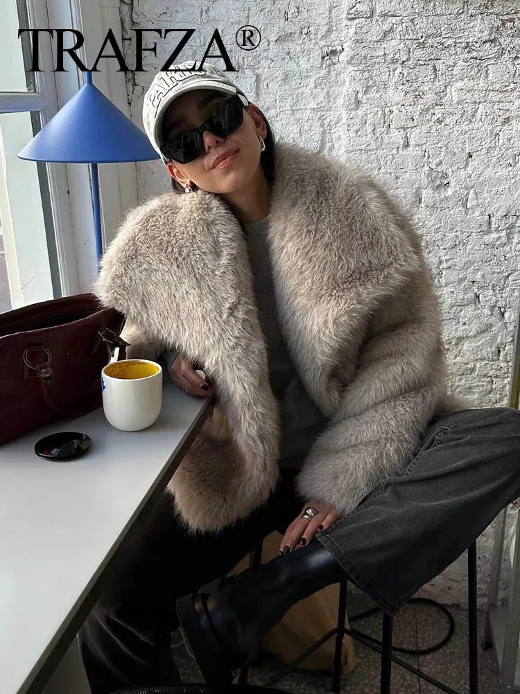 New  2024 Women Fashion Cropped Faux Jacket Coat Long Sleeve Front Snap-Button Female Outerwear Lapel Collar Thick Coat