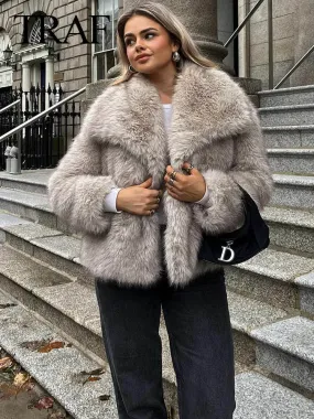 New  2024 Women Fashion Cropped Faux Jacket Coat Long Sleeve Front Snap-Button Female Outerwear Lapel Collar Thick Coat