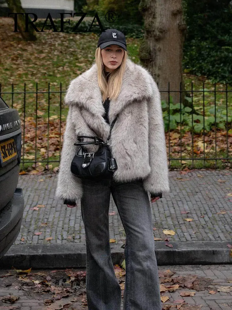 New  2024 Women Fashion Cropped Faux Jacket Coat Long Sleeve Front Snap-Button Female Outerwear Lapel Collar Thick Coat