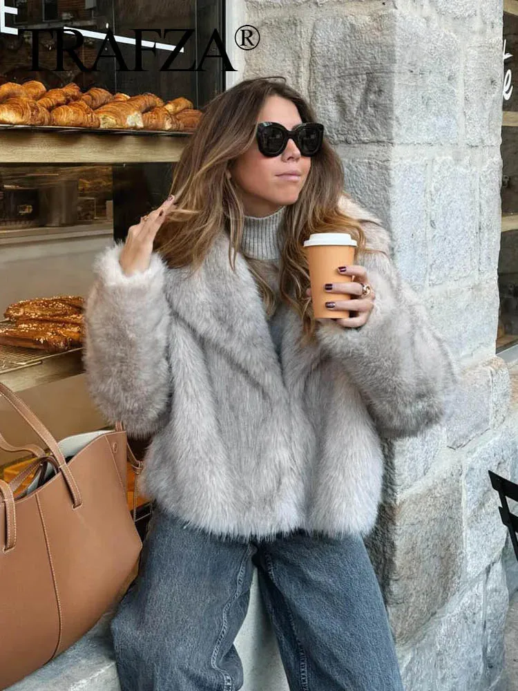New  2024 Women Fashion Cropped Faux Jacket Coat Long Sleeve Front Snap-Button Female Outerwear Lapel Collar Thick Coat