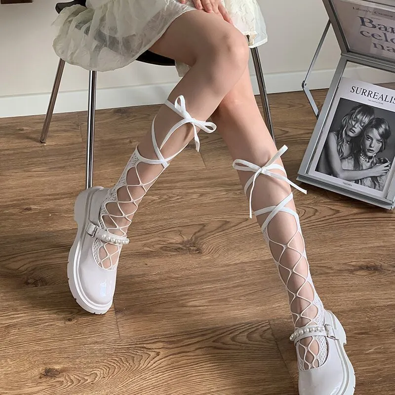 New Hot Girl Bone Bow Socks Streetwear Girls Black Sweet Cute Pink Y2K Harajuku Lolita Fishnet Stockings Thigh High Stockings
