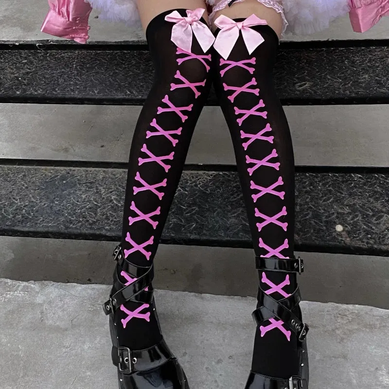 New Hot Girl Bone Bow Socks Streetwear Girls Black Sweet Cute Pink Y2K Harajuku Lolita Fishnet Stockings Thigh High Stockings