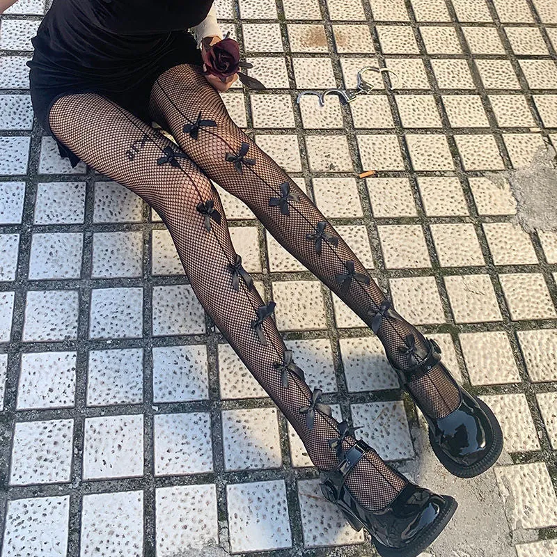 New Hot Girl Bone Bow Socks Streetwear Girls Black Sweet Cute Pink Y2K Harajuku Lolita Fishnet Stockings Thigh High Stockings