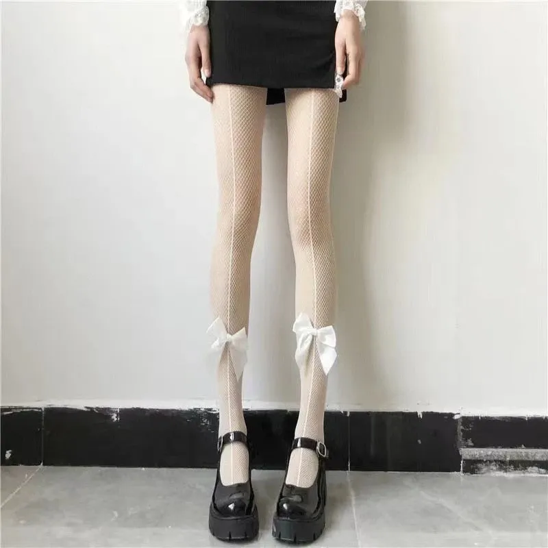 New Hot Girl Bone Bow Socks Streetwear Girls Black Sweet Cute Pink Y2K Harajuku Lolita Fishnet Stockings Thigh High Stockings
