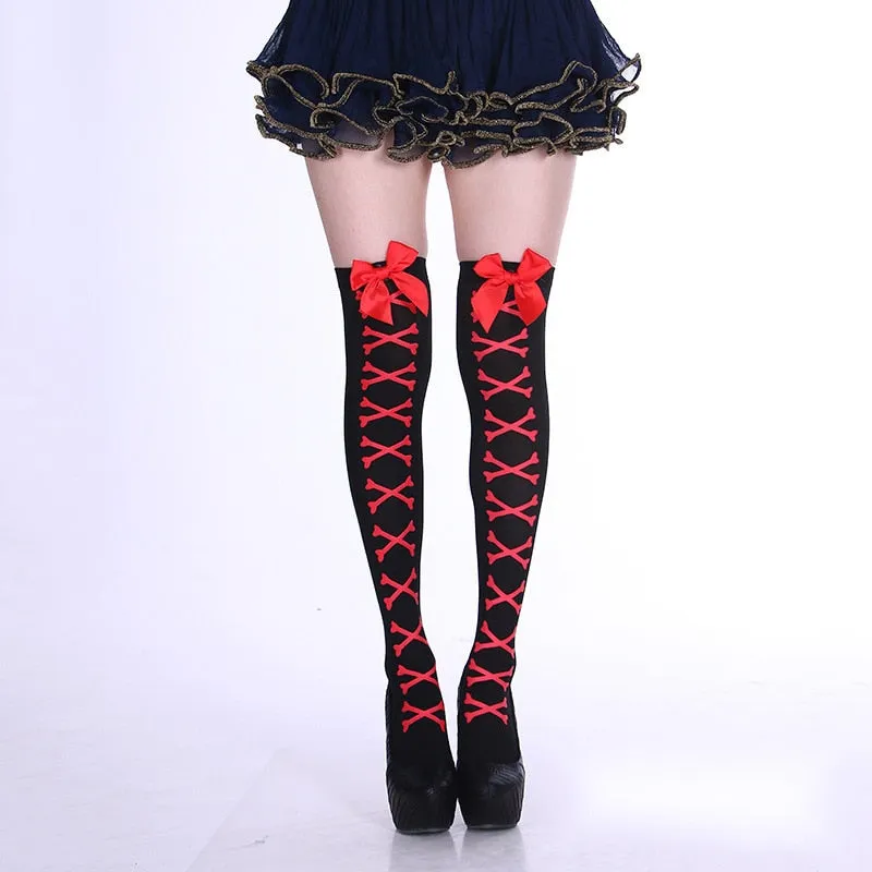 New Hot Girl Bone Bow Socks Streetwear Girls Black Sweet Cute Pink Y2K Harajuku Lolita Fishnet Stockings Thigh High Stockings