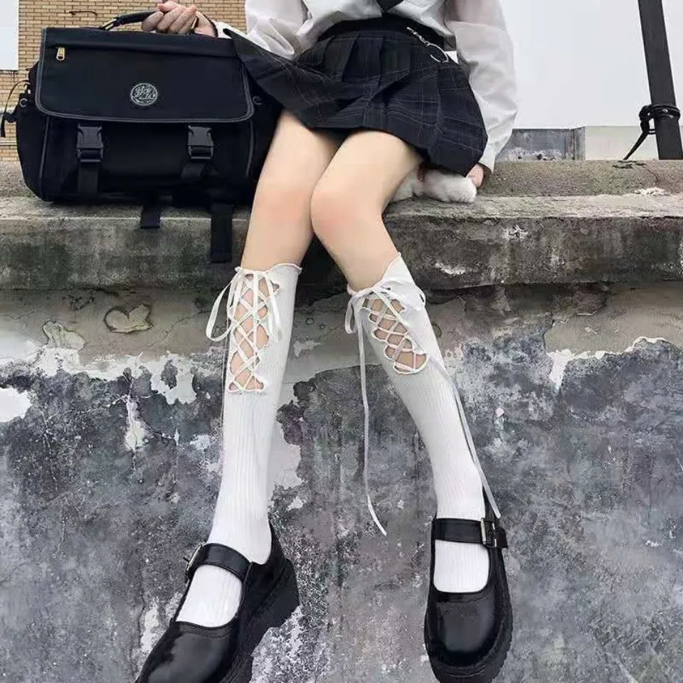 New Hot Girl Bone Bow Socks Streetwear Girls Black Sweet Cute Pink Y2K Harajuku Lolita Fishnet Stockings Thigh High Stockings