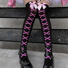 New Hot Girl Bone Bow Socks Streetwear Girls Black Sweet Cute Pink Y2K Harajuku Lolita Fishnet Stockings Thigh High Stockings