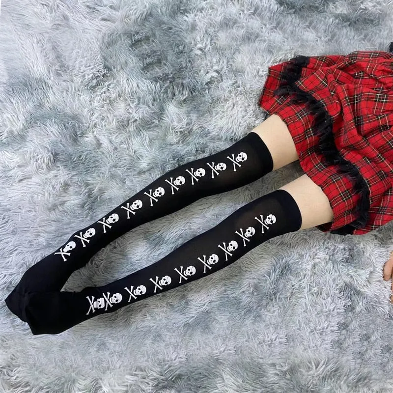 New Hot Girl Bone Bow Socks Streetwear Girls Black Sweet Cute Pink Y2K Harajuku Lolita Fishnet Stockings Thigh High Stockings