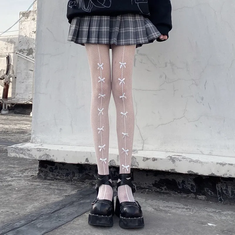New Hot Girl Bone Bow Socks Streetwear Girls Black Sweet Cute Pink Y2K Harajuku Lolita Fishnet Stockings Thigh High Stockings