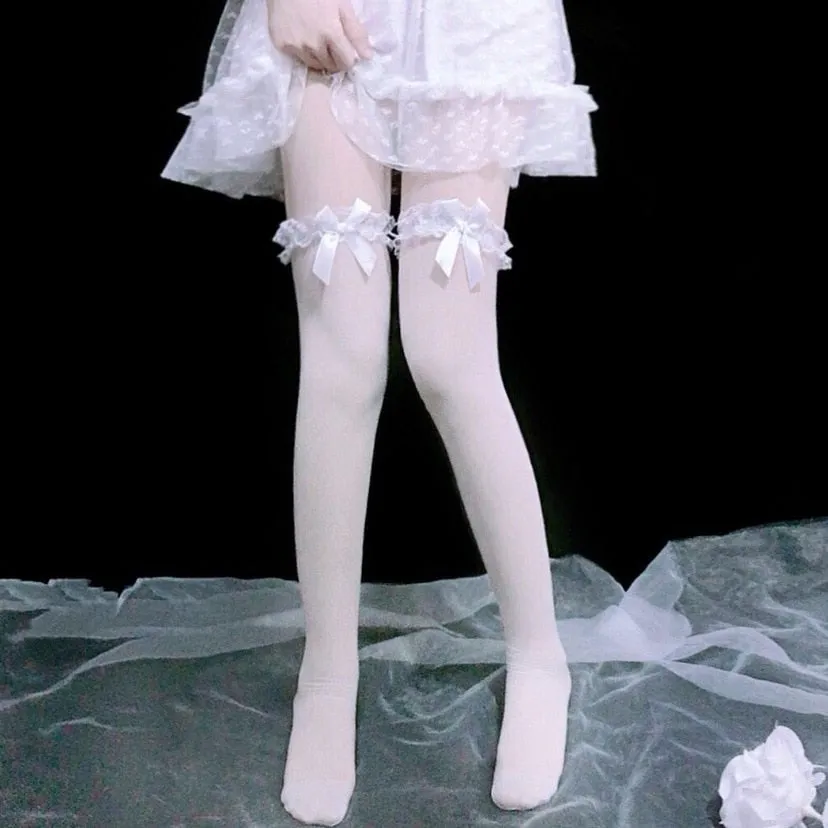 New Hot Girl Bone Bow Socks Streetwear Girls Black Sweet Cute Pink Y2K Harajuku Lolita Fishnet Stockings Thigh High Stockings