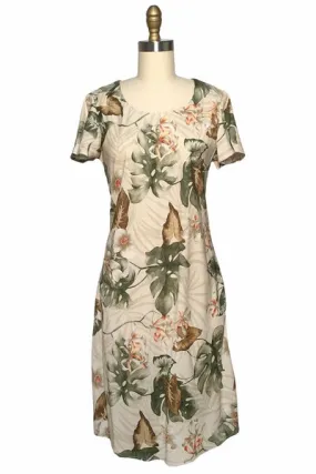 Orchid Monstera Beige A-Line Dress with Cap Sleeves