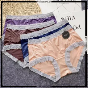 Pack of 2 Ladies Mid Waist Trim Lace Design Soft Silk Panties