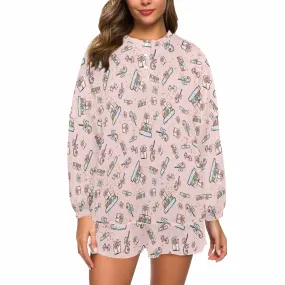 Pink Christmas Presents  Women's Long Sleeve Pajama Set with Shorts