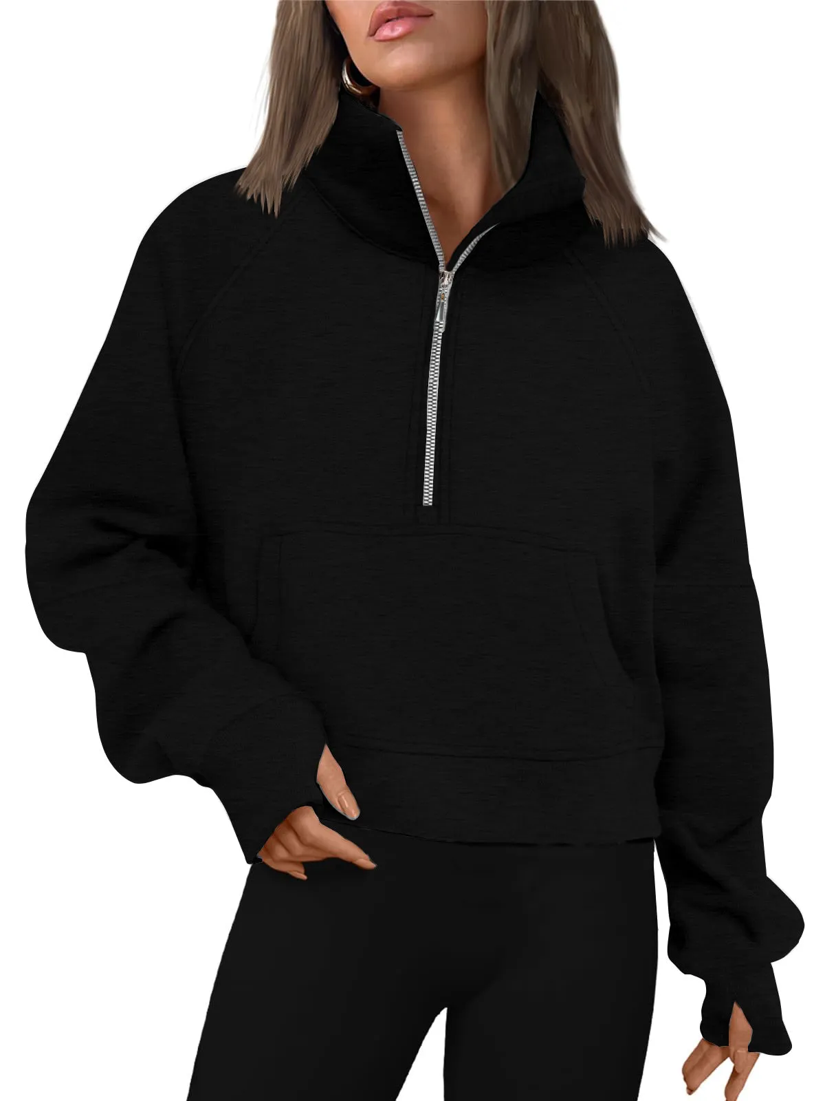 Rosvigor Sweatshirt for Women Half Zip Cropped Pullover Fleece Hoodies Fall Tops Thumb Hole