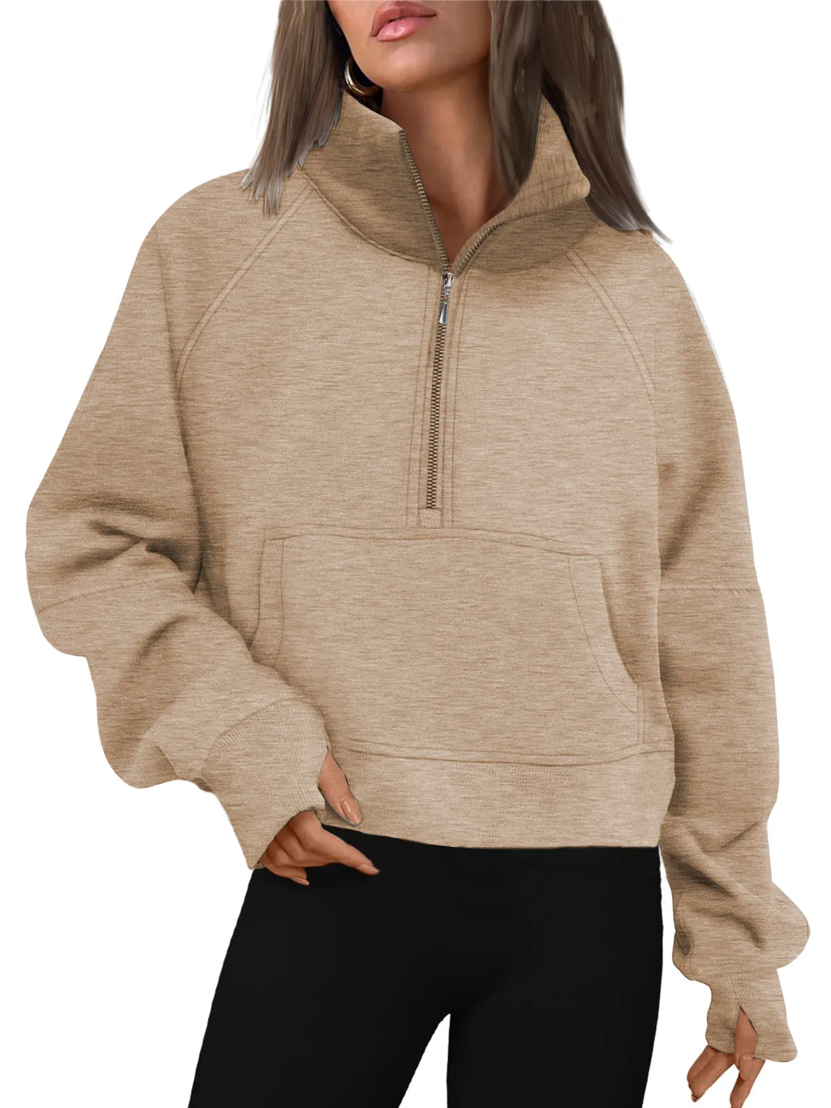 Rosvigor Sweatshirt for Women Half Zip Cropped Pullover Fleece Hoodies Fall Tops Thumb Hole
