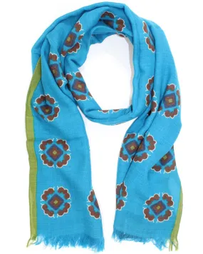 Sartorio Wool Scarf Aqua Blue Brown Green Medallion SALE