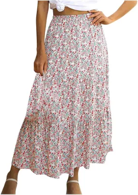 Skirts for Women 2024 Elegant Swiss Dot Stretch High Waist Boho Skirts Summer Causal Floral Print A-Line Maxi Skirts