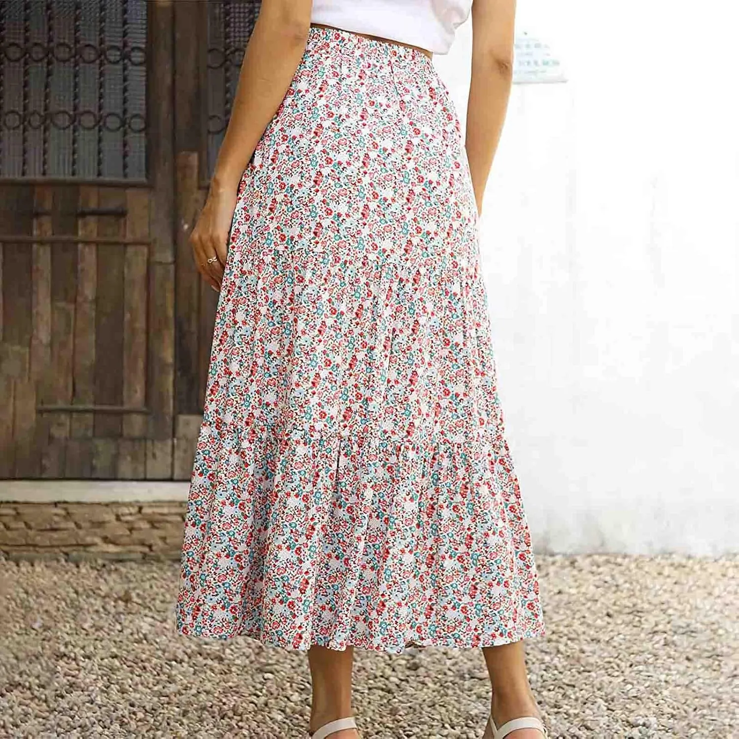 Skirts for Women 2024 Elegant Swiss Dot Stretch High Waist Boho Skirts Summer Causal Floral Print A-Line Maxi Skirts