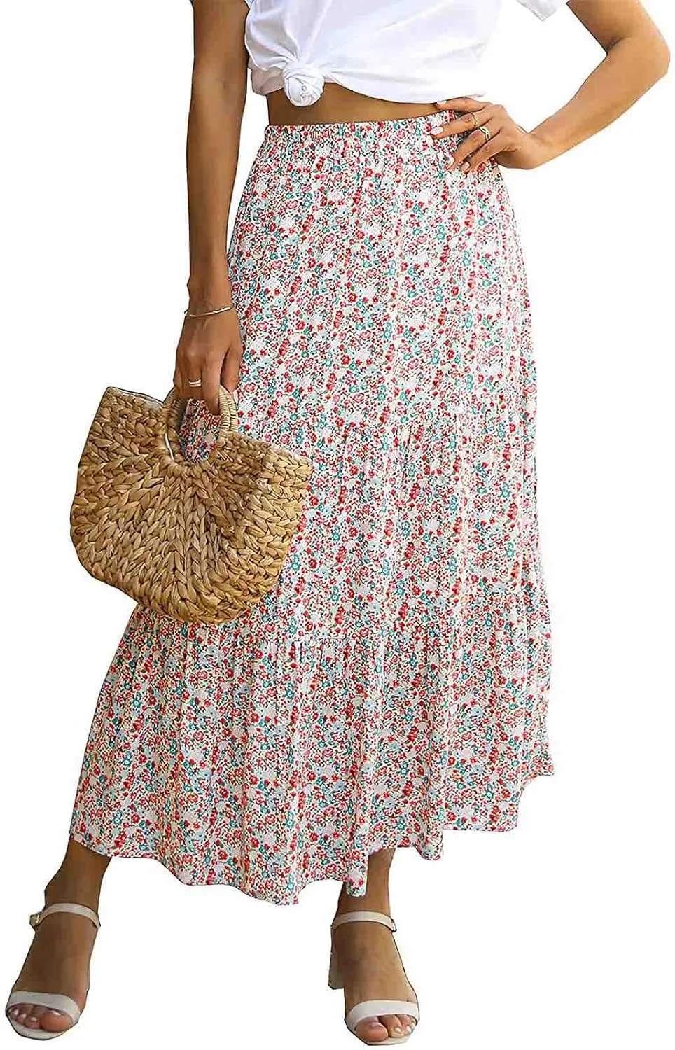Skirts for Women 2024 Elegant Swiss Dot Stretch High Waist Boho Skirts Summer Causal Floral Print A-Line Maxi Skirts