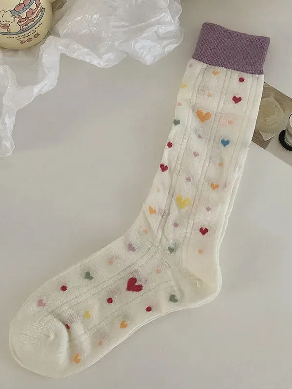 Sohiwoo Women's Socks Spring Summer Breathable dopamine socks pure cotton love polka dots sweet girl stockings sweat absorbing