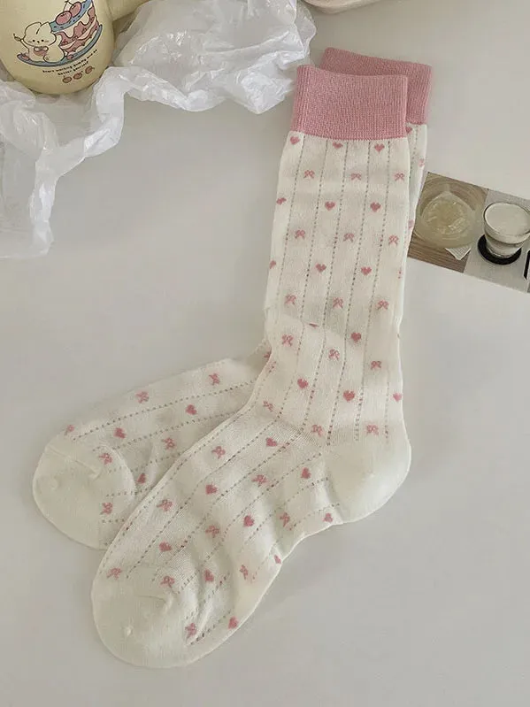 Sohiwoo Women's Socks Spring Summer Breathable dopamine socks pure cotton love polka dots sweet girl stockings sweat absorbing