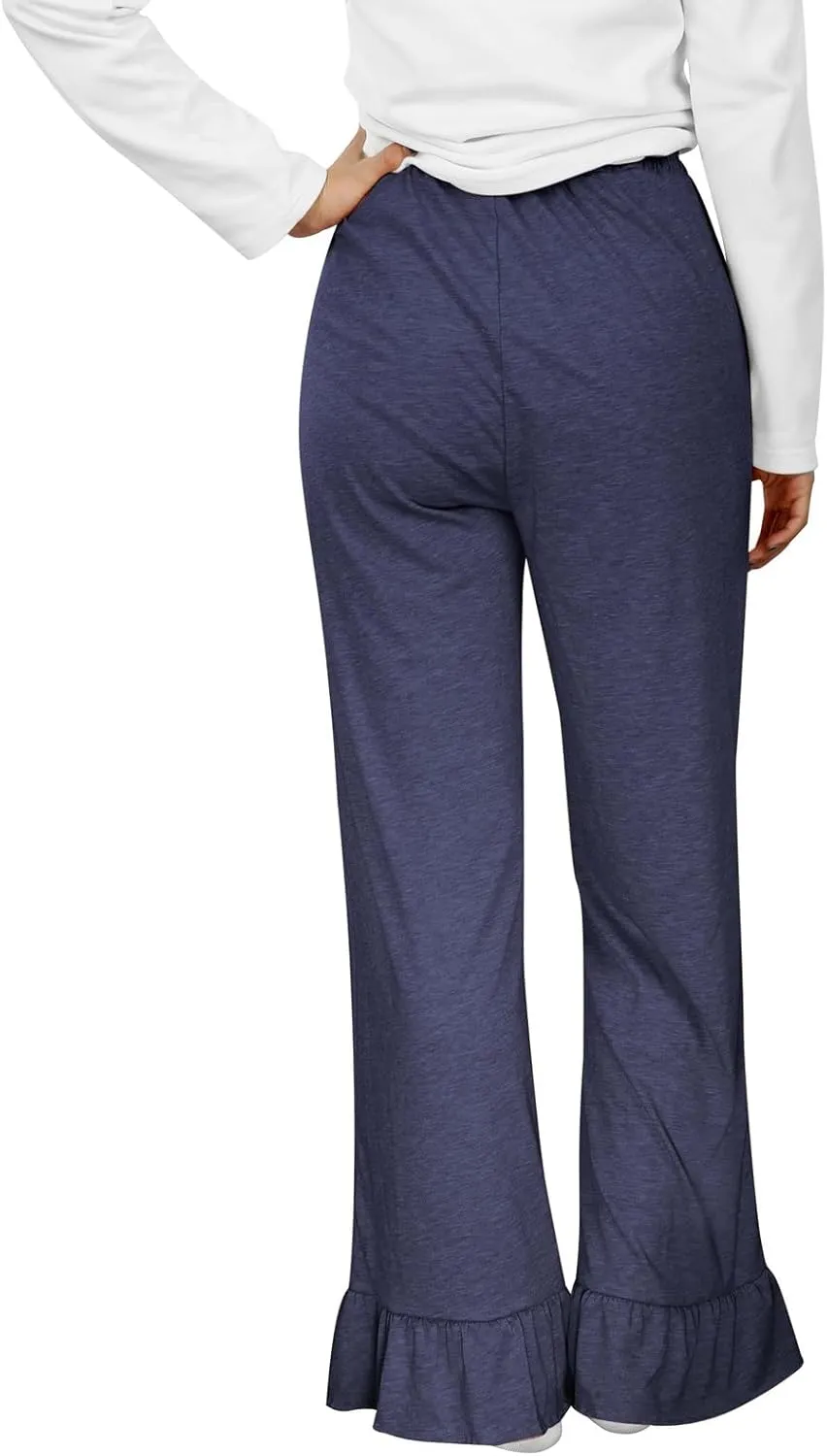 Straight Leg Pants Women Casual Mid Waist Outfits Trousers with Pockets Casual Elastic Drawstring Wide Leg Pants