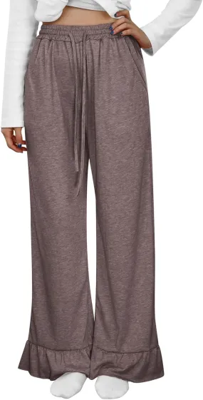 Straight Leg Pants Women Casual Mid Waist Outfits Trousers with Pockets Casual Elastic Drawstring Wide Leg Pants