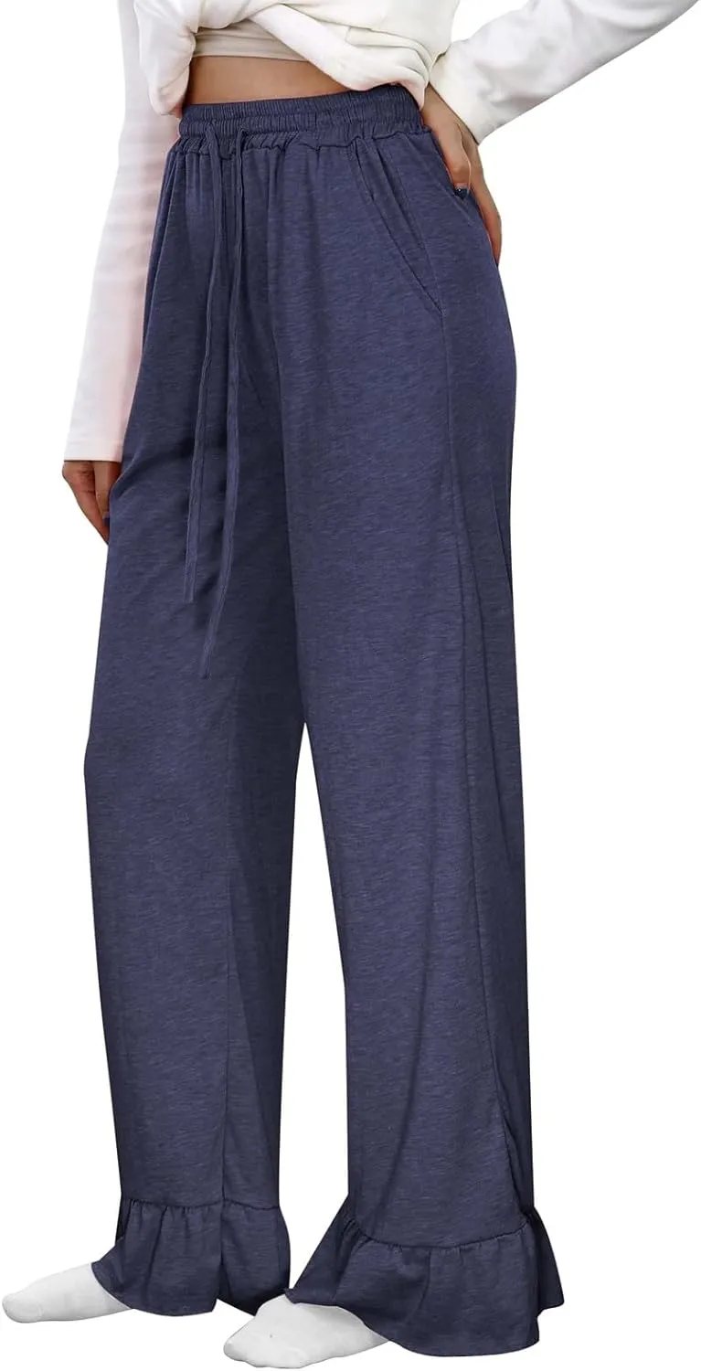 Straight Leg Pants Women Casual Mid Waist Outfits Trousers with Pockets Casual Elastic Drawstring Wide Leg Pants