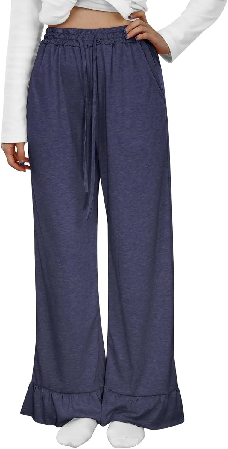 Straight Leg Pants Women Casual Mid Waist Outfits Trousers with Pockets Casual Elastic Drawstring Wide Leg Pants