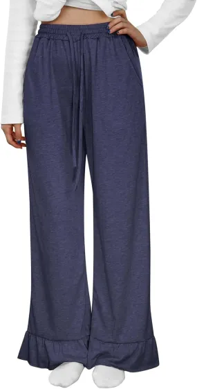 Straight Leg Pants Women Casual Mid Waist Outfits Trousers with Pockets Casual Elastic Drawstring Wide Leg Pants
