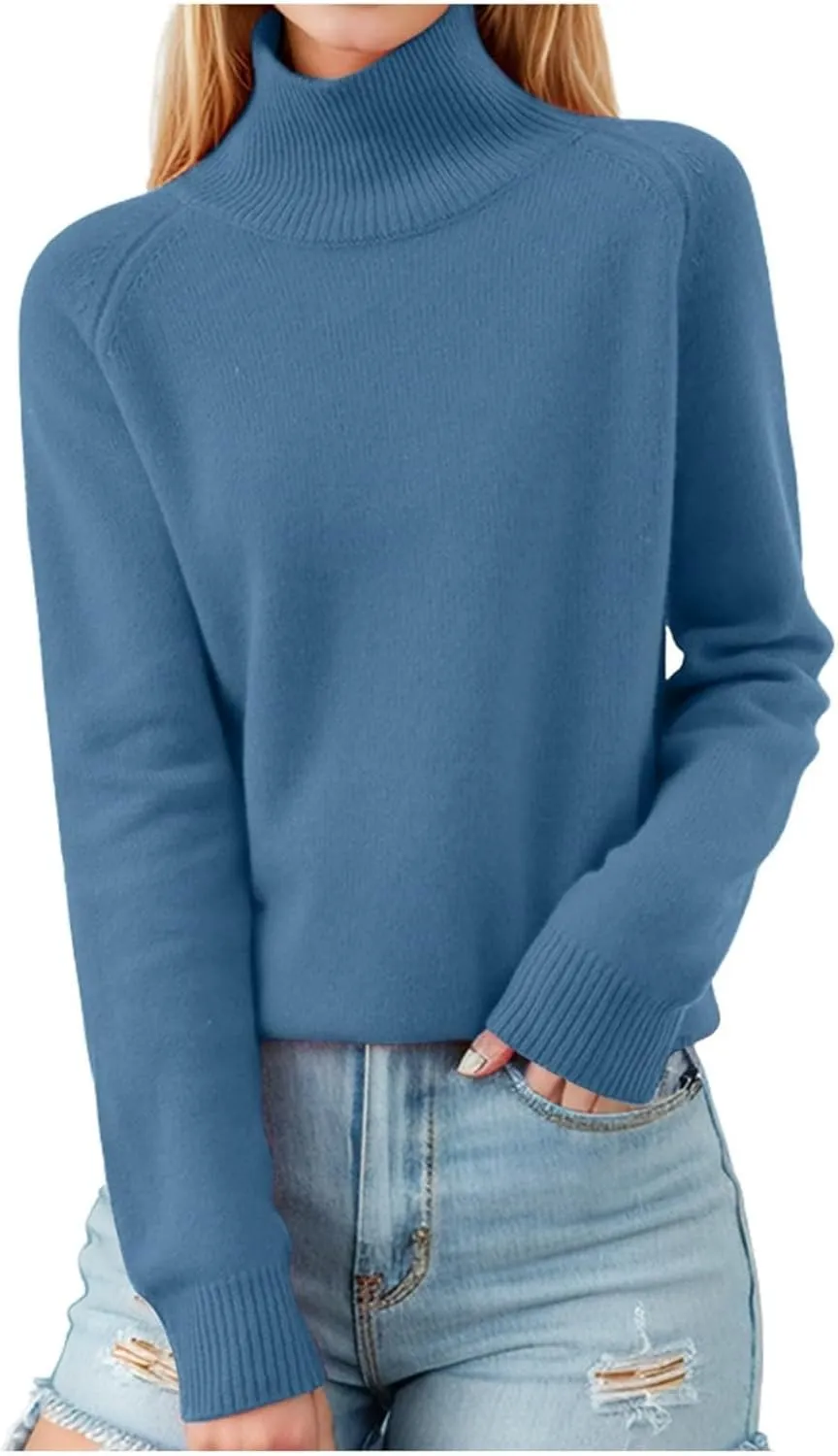 Sweaters for Women Trendy Turtleneck Long Sleeve Sweater Knit Fleece Sweatshirts No Hood Cropped Pullover Sweaters