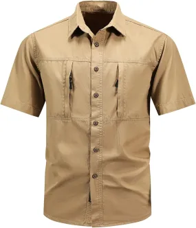 Uillui Men's Big and Tall Work Shirts Short Sleeve Tactical Shirts Loose Fit Button Breathable Outdoor Hiking Fishing Shirts