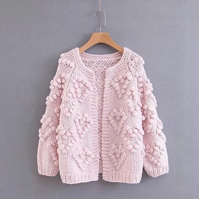VenusFox Hairball o neck long sleeve pink knitted cardigan