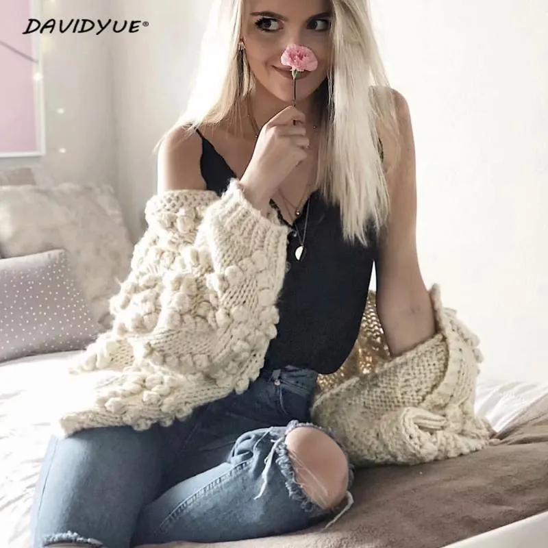 VenusFox Hairball o neck long sleeve pink knitted cardigan