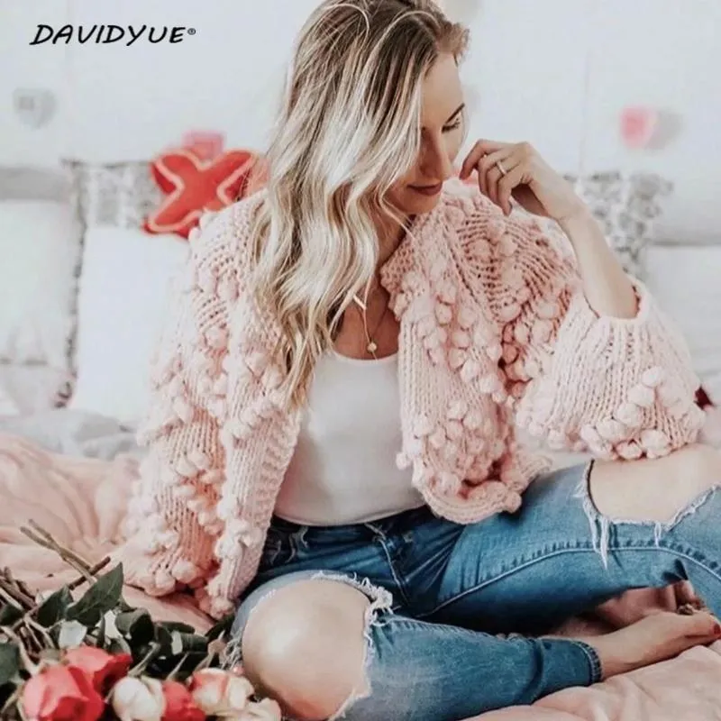 VenusFox Hairball o neck long sleeve pink knitted cardigan