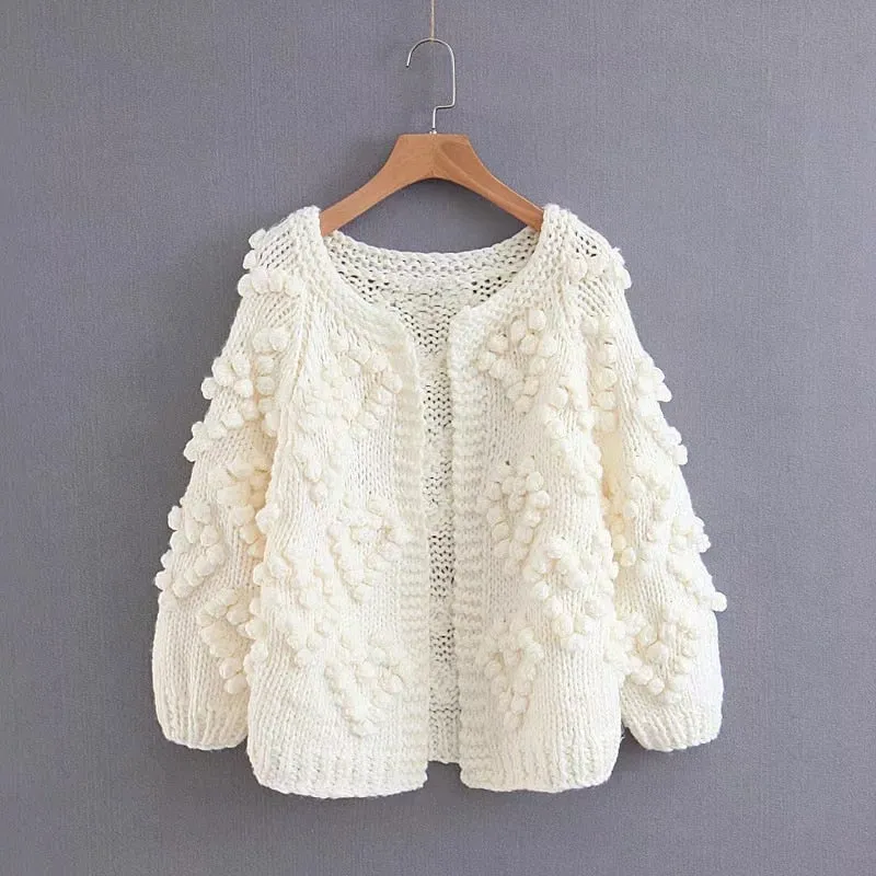 VenusFox Hairball o neck long sleeve pink knitted cardigan