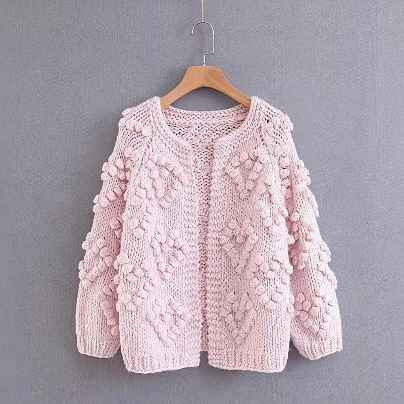 VenusFox Hairball o neck long sleeve pink knitted cardigan