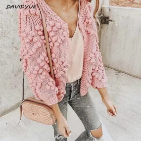 VenusFox Hairball o neck long sleeve pink knitted cardigan