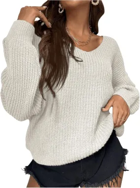 Verdusa Women's Oversized Sweaters Drop Shoulder Knit Tops V Neck Long Sleeve Pullover Sweaters