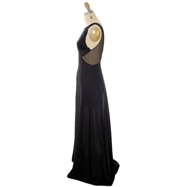 Vintage Black Nylon Full Length Negligee Blanche by Ralph Montenero 1970s L