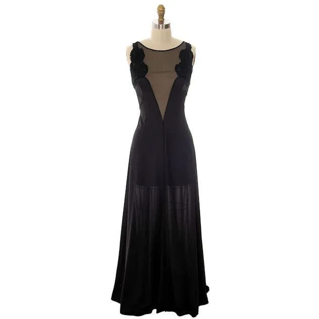 Vintage Black Nylon Full Length Negligee Blanche by Ralph Montenero 1970s L