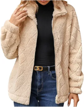 Winter Coats for Women Jackets Patchwork Fuzzy Fleece Zip Up Jacket Long Sleeve Sherpa Coat Outerwear with Pockets