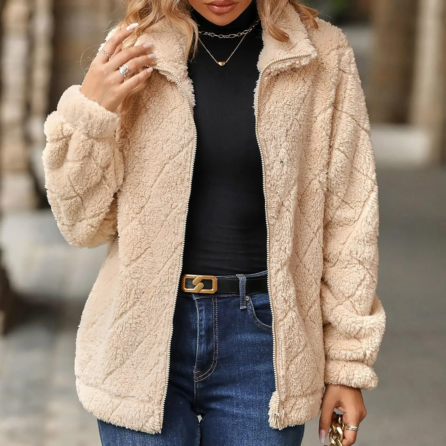Winter Coats for Women Jackets Patchwork Fuzzy Fleece Zip Up Jacket Long Sleeve Sherpa Coat Outerwear with Pockets