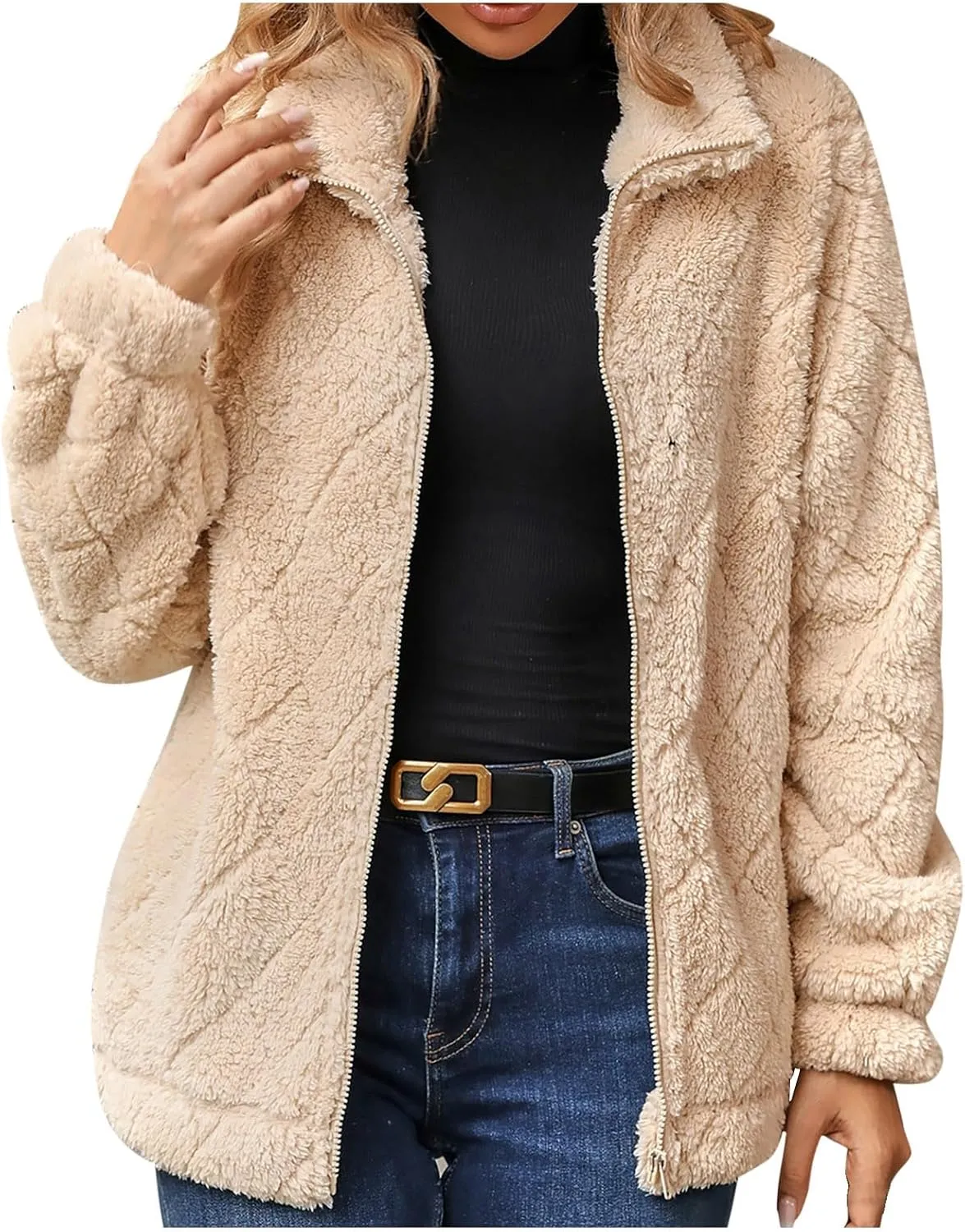 Winter Coats for Women Jackets Patchwork Fuzzy Fleece Zip Up Jacket Long Sleeve Sherpa Coat Outerwear with Pockets