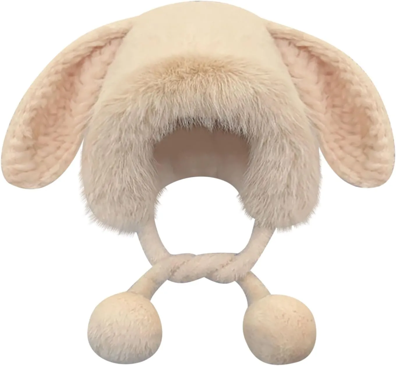 Winter Pompom Beanie Hats for Women Fluffy Knit Rabbit Ear Faux Fur Crochet Skull Cap Warm Soft Ski Fleece Beanie Caps