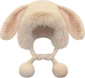 Winter Pompom Beanie Hats for Women Fluffy Knit Rabbit Ear Faux Fur Crochet Skull Cap Warm Soft Ski Fleece Beanie Caps