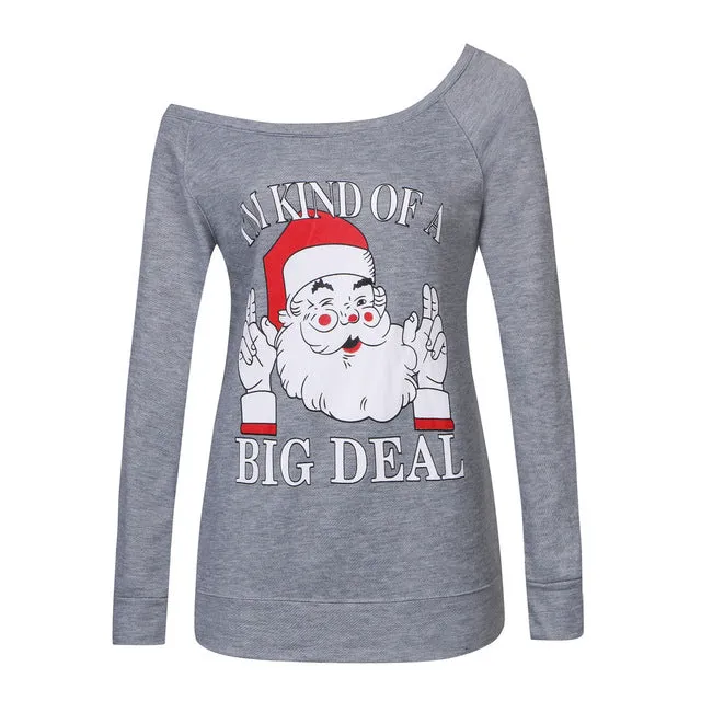 Women Autumn Winter Shoulder Christmas Long Sleeve Santa Claus