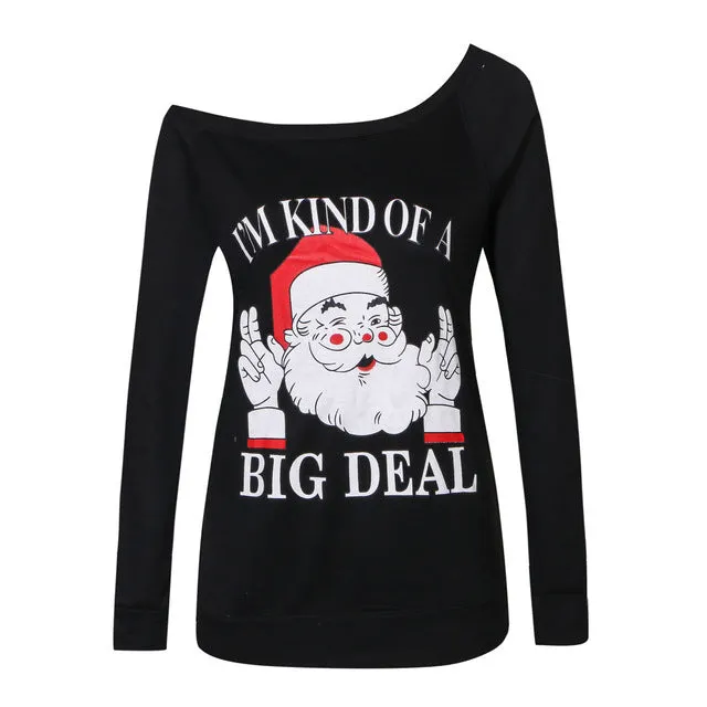Women Autumn Winter Shoulder Christmas Long Sleeve Santa Claus