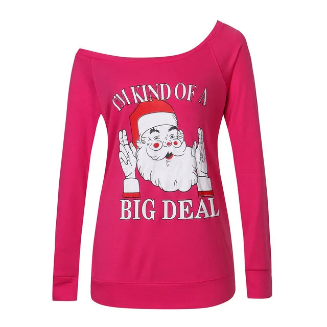 Women Autumn Winter Shoulder Christmas Long Sleeve Santa Claus